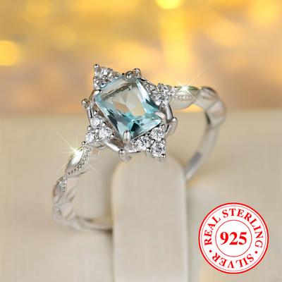 Bagues en argent sterling S925 avec zircons cubiques rectangulaires bleu ciel frais pour femmes, accessoires de mariage de luxe, bijoux en argent 925