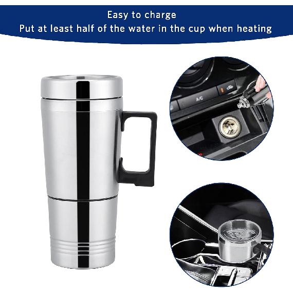 300ml Car Electric Tea Kettle, 12V Stainless Steel Electric In-car Travel Heating Cup Car Water Heater Travel Portable Heating Cup with Lid for Most