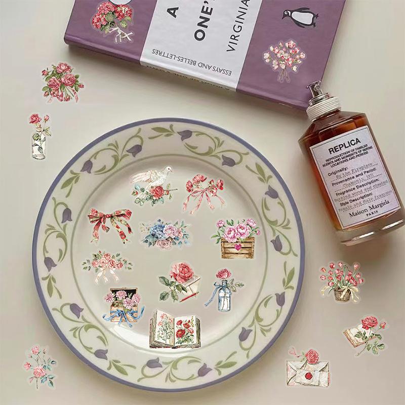 

50Pcs Waterproof Transparent Pet Booklet Flower Material Decorative Guitar Notebook Ink Flower Stickers Pack