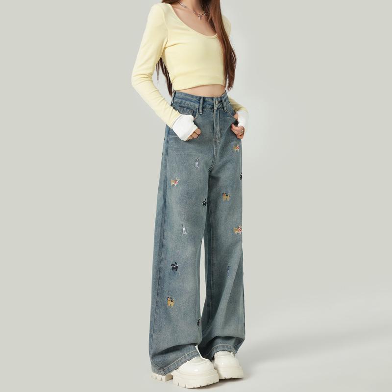 Women's Embroidered Puppy High Waist Wide Leg Jeans - Autumn/Winter