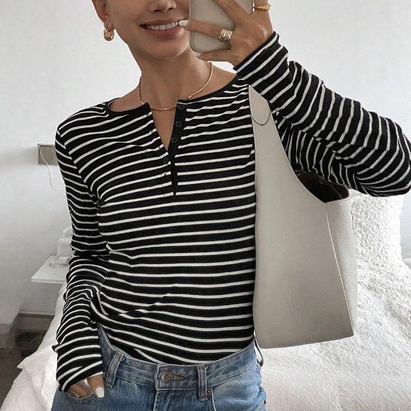 Casual Striped Loose Long Sleeve Button Front T Shirt Top For Women S