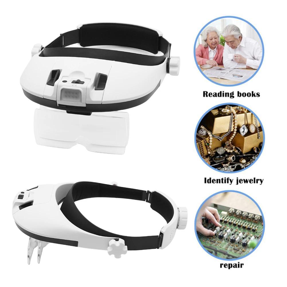 Head-Mounted Magnifier LED Illumination 1.5X/2.5X/3.5X Helmet Style Magnifying Glass Jewelry Watch Maintenance Read Magnifier