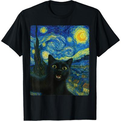 Černá Kočka Hvězdná Noc Van Gogh Kočka Selfie Kočičí Máma Milovník Koček Tričko