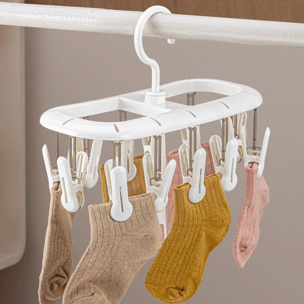 Multi-functional Sock Drying Rack Foldable Rotatable Clothes Hanger with Clips Windproof Space Saving Socks Hanger Clip