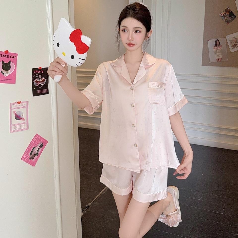 1011 Summer New Ice Silk Pajamas Women's Short-sleeved Shorts Sweet Wind Thin Lapel Loungewear Set Can Be Worn Outside