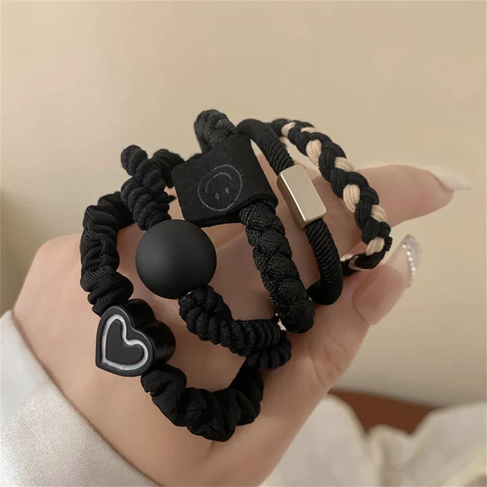 5pcs/Set Simple Heart Ball Charms Scrunchie No Damage Elastic Braided Hair Ties Ropes Women Girls Ponytail Holder Rubber Bands