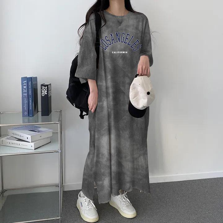 Plus Size Tie-Dye Mid-Length Casual Short-Sleeve Dress - Japanese Korean Style Summer Women's T-Shirt Dress