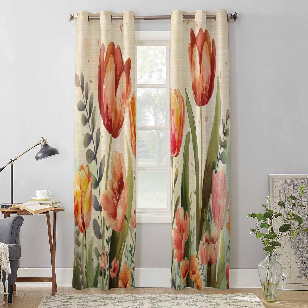 Tulip Flower Eucalyptus Leaves Window Curtains for Living Room Luxury Bedroom Curtain Kitchen Blinds Drapes Curtains