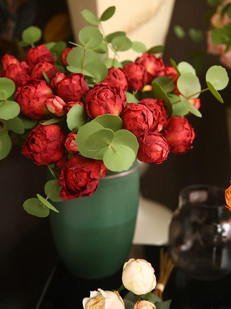 2 ramos de peonías vintage con flores de seda de tallo largo para decoración de bodas, ramo de novia, flores artesanales, arreglo floral