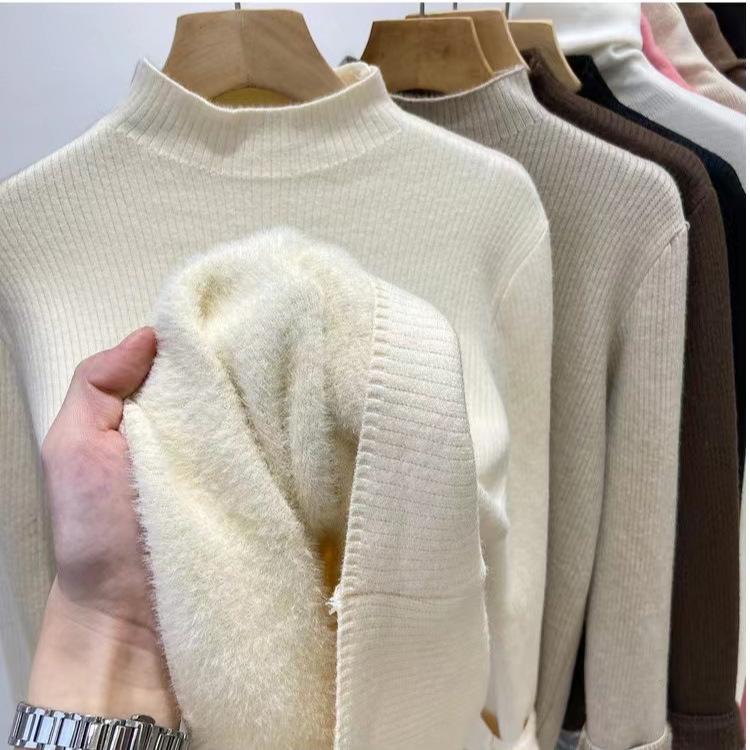 Women's Autumn Winter Half-High Neck Sweater Fleece-Lined Thickened Integrated Fleece Knit Top Warm Inner Wear Base Layer
