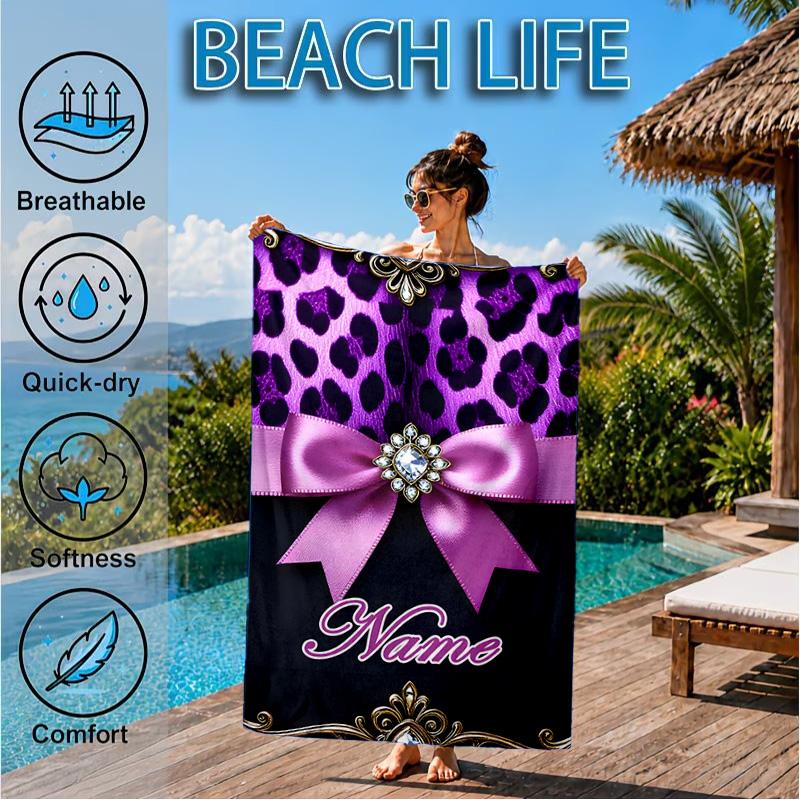 Custom Name Leopard Print Bow Beach Towel Microfiber Beach Towel, Lightweight and Quick-Dry, for Summer Travel, Swimming Pool Gift