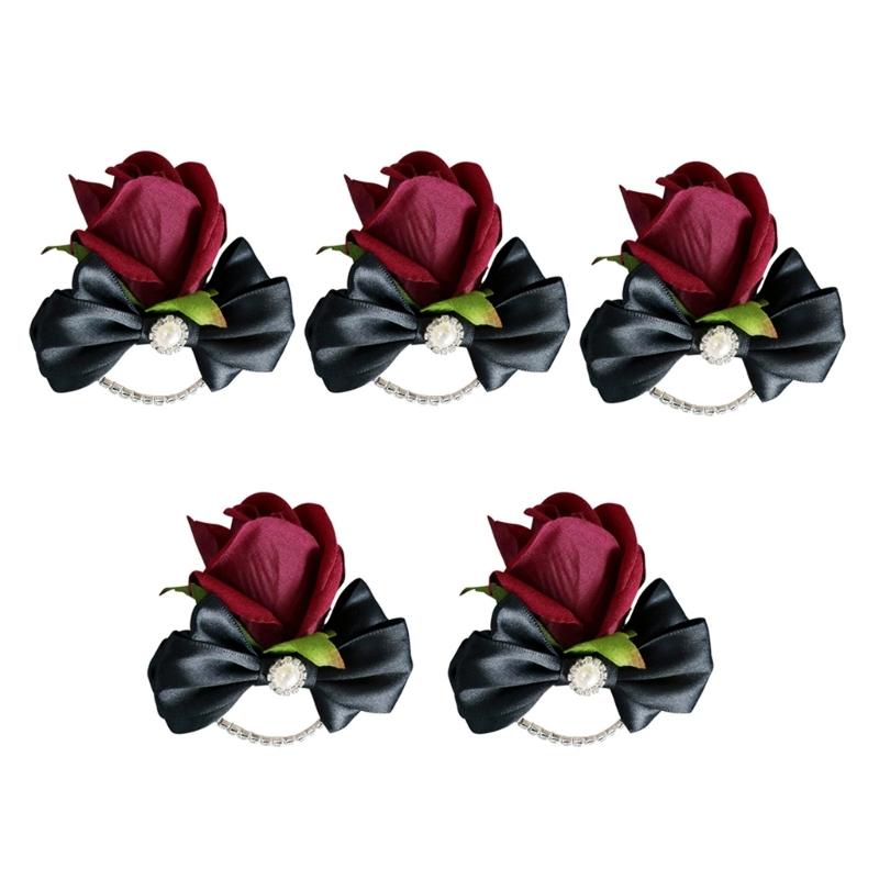 5Pcs Rose Wrist Corsages for Bride Bridesmaid Bridal Showers, Wedding Rose Boutonniere for Ceremony Anniversary Proms