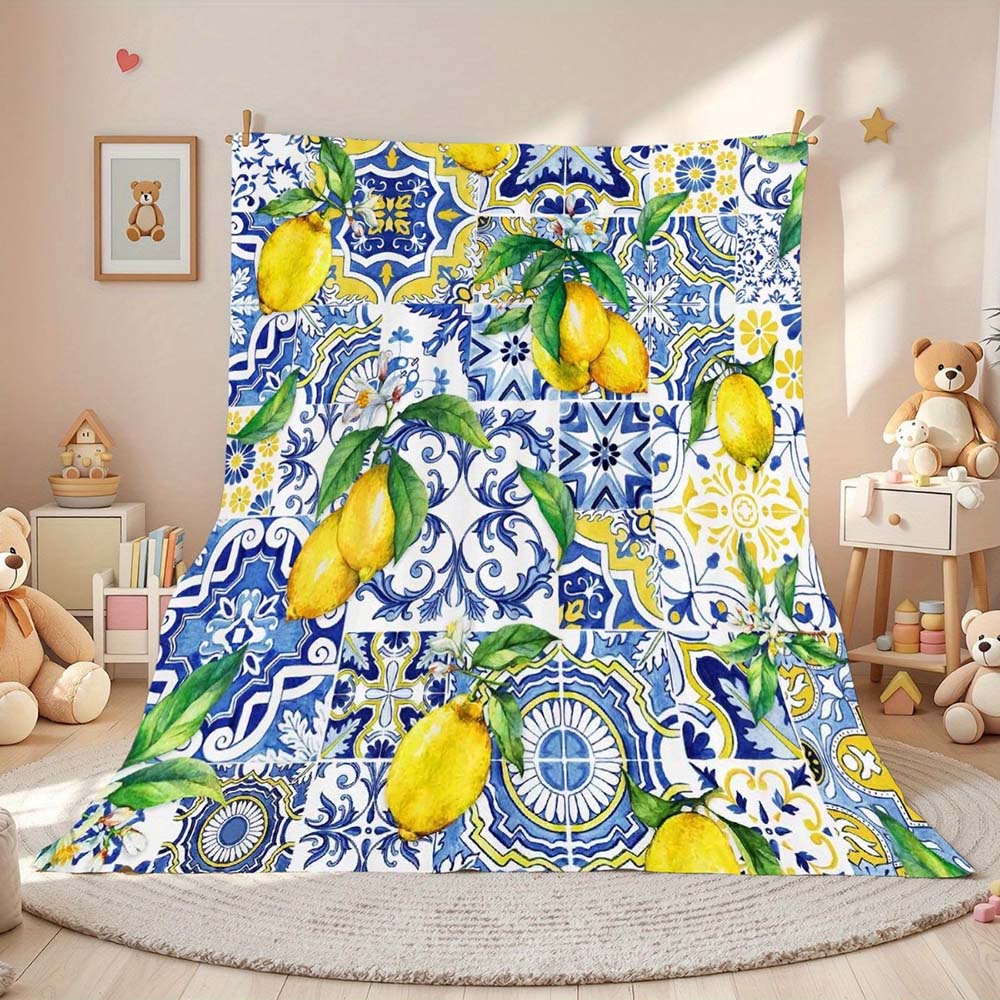 1pc Vintage Lemon Spanish Tile Print Throw Blanket Cozy Soft Home Decor Blanket for Couch Bed Patio