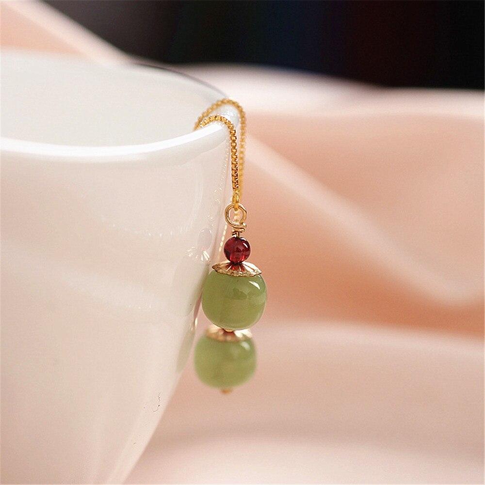 925 Sterling Silver Chain Hetian Jade Gold Line Drop Long Earring Female Ear Line Red Garnet Bead Jewelry Gift For Lover Wedding