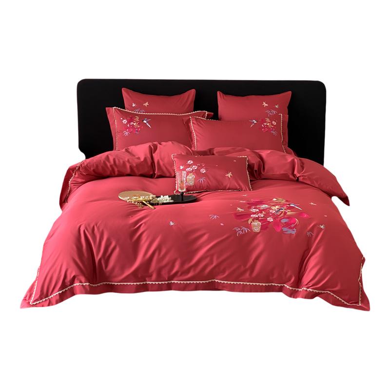 Wedding Cotton Embroidery Four-Piece Bedding Set - Duvet, Fitted Sheet, Bed Sheet - Perfect for Dowry Gifts
