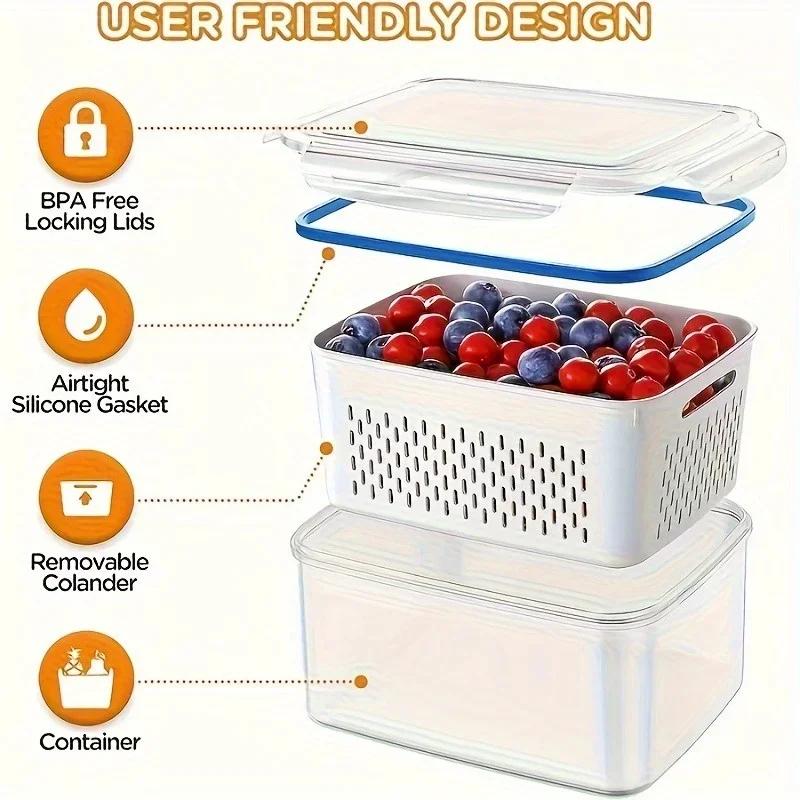 Fridge Food Storage Container Set with Lids with Strainer,Plastic Fresh Produce Saver Vegetable Fruit Meat Storage Organization