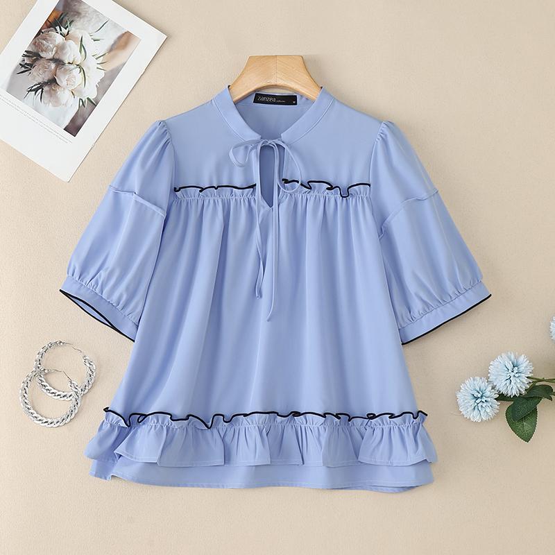 ZANZEA Women Lace Up Round Neck Casual Short Sleeve Blouse
