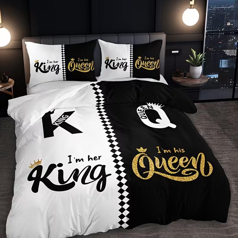 Queen & King 3pcs Couples Spouses Lovers Themes Bedding Set with All Size Featuring Printed English Letters On The Duvet Cover