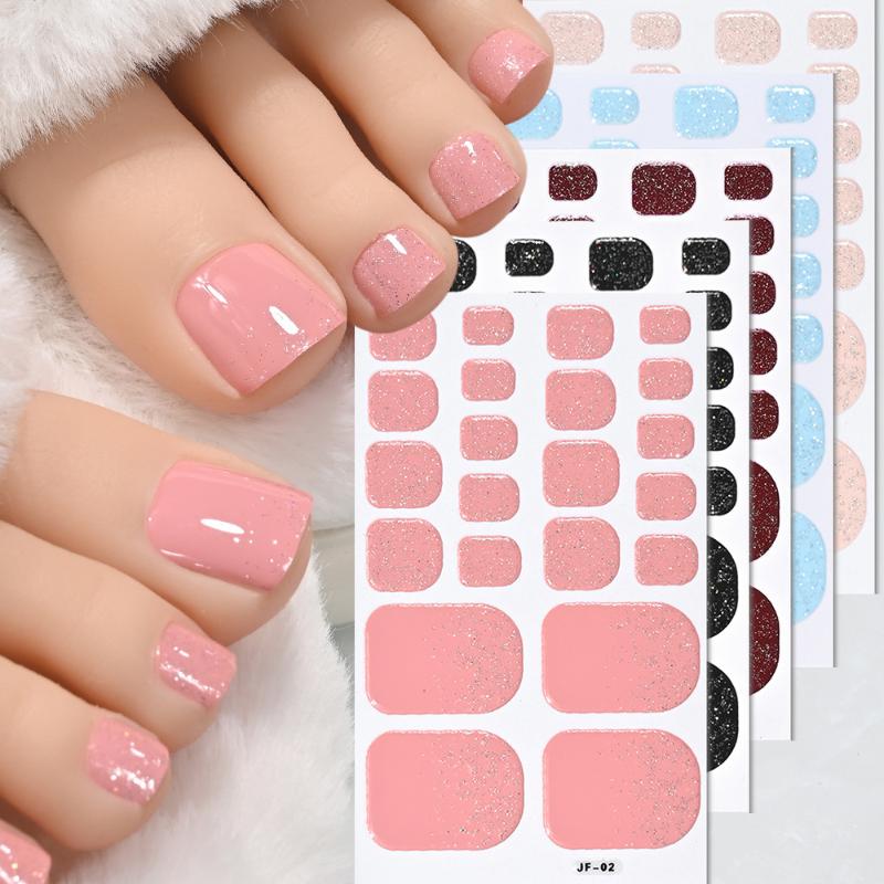 22Pcs/Sheet Toe Nail Sticker Wraps Baking Free Simple Solid Color Glitter Full Cover Toenail Polish Strips Waterproof