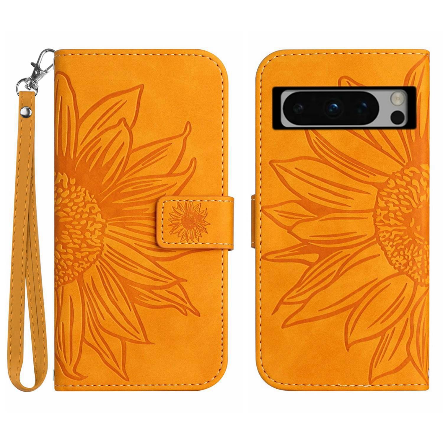 

HT04 For Google Pixel 8 Pro Sunflower Imprinted Phone Cover Leather Wallet Stand Case with Handy Strap Yellow