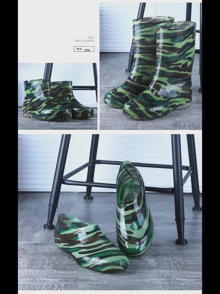 Men's Camouflage Waterproof Rain Boots with Velvet Lining - High/Mid/Short-Top Rubber Shoes for Construction, Kitchen, and Fishing