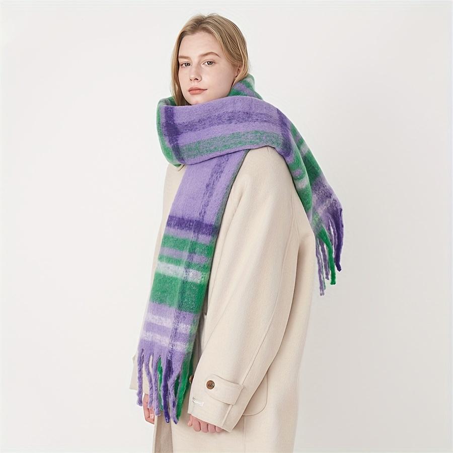 New Cozy Plaid Faux Cashmere Scarf Soft Thick Warm Long Tassels Scarves Autumn Winter Versatile Purple-Green Shawl