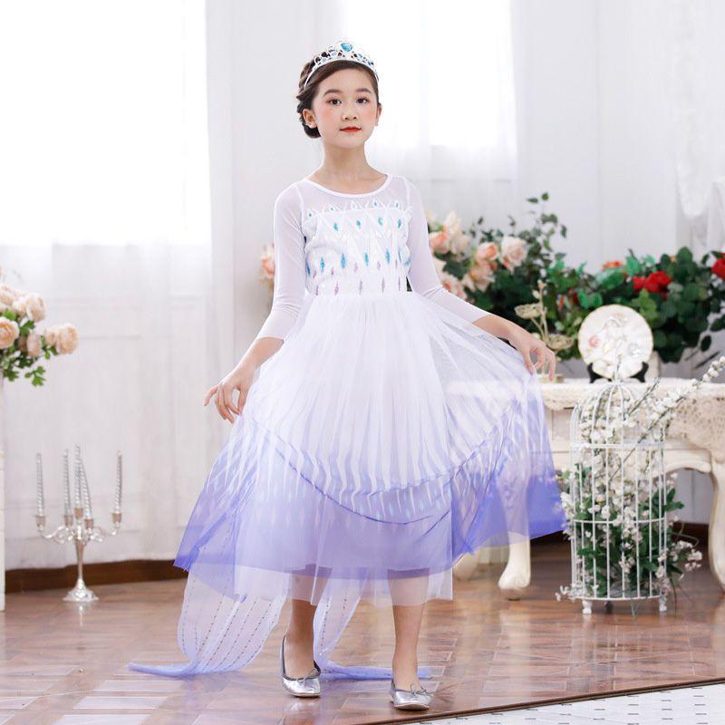 Snow Queen Frozen2 Cosplay Costume Elsa White Fancy Birthday Party Dress Outfit