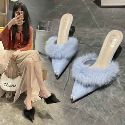 2024 Spring New Mao Mao High-heeled Sandals Fashion Wear New Pointed Head Thin Heel Bag Head Muller Half Slippers Women