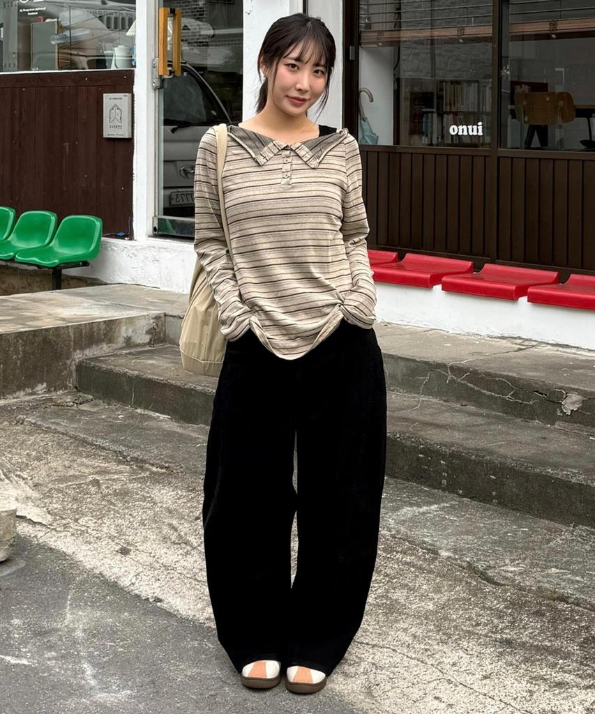 Jikeulib Black Curved Cut-Line Wide Cotton Pants