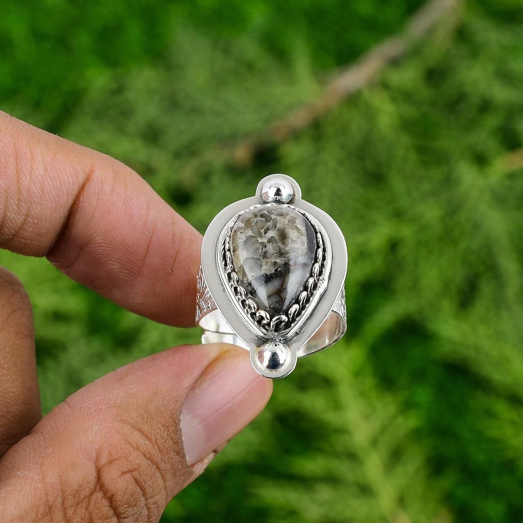 Natural Orthoceras Fossil Multi Stone Adjustable Ring 925 Silver For Women