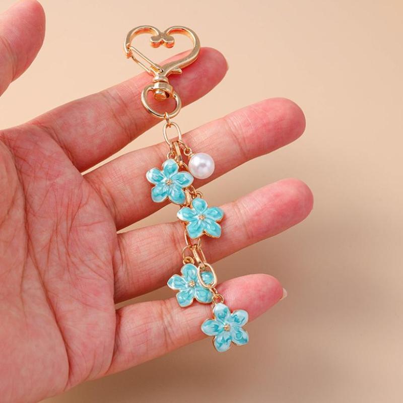 Cute Enamel Pearl Flower Keychain Plant Key Ring Pendant For Women Girls Handbag Decor Diy Handmade Jewelry Gifts