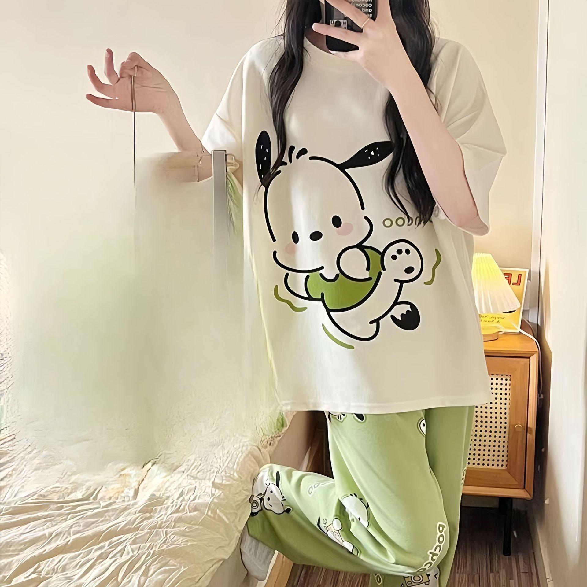 

Жіночий літній мультяшний піжамний комплект - Круглий виріз горловини, Короткий рукав, Легкі штани для весни та осені L