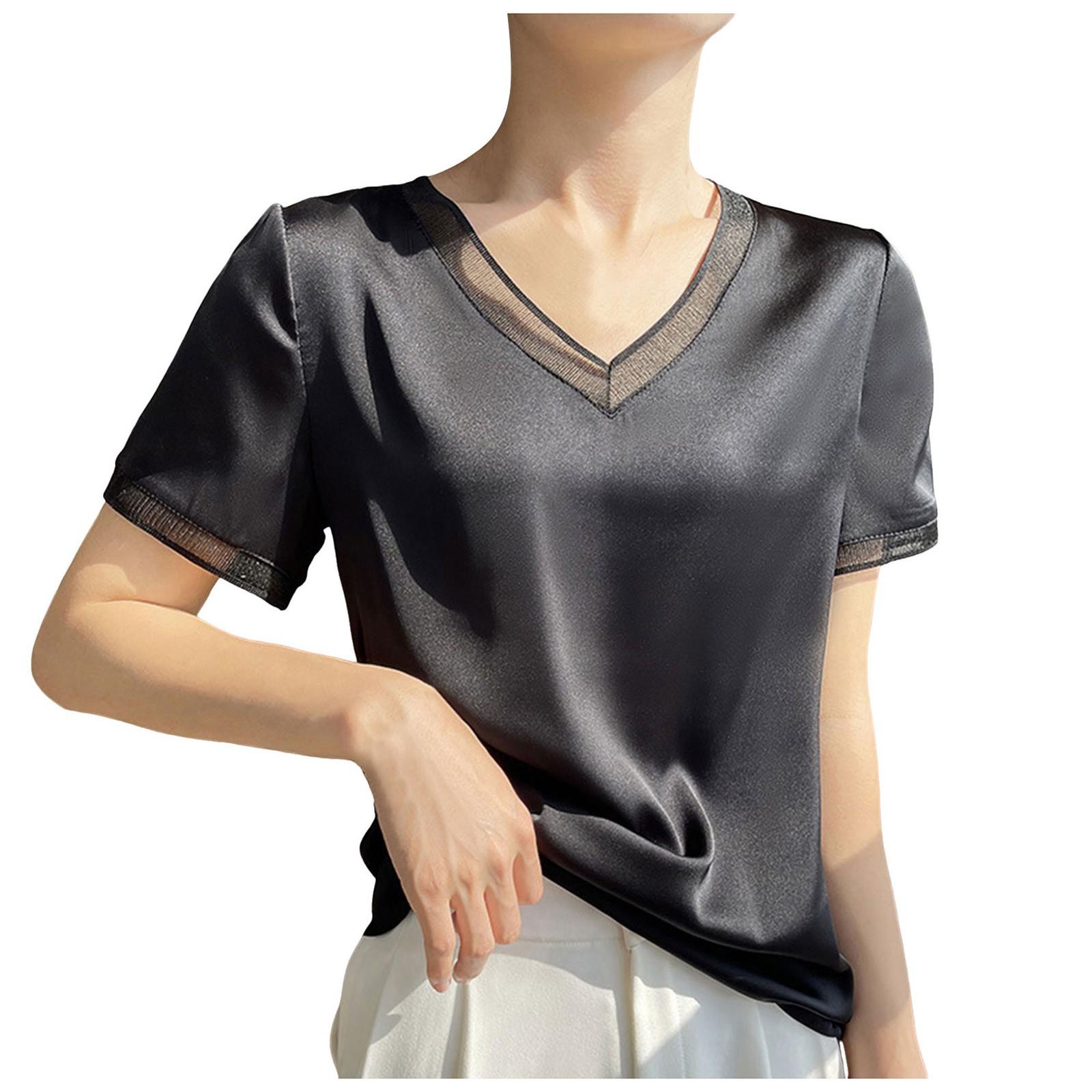 

Персиковая женская рубашка 2025 года, летняя новая шелковая атласная футболка с коротким рукавом, женская сетчатая однотонная жилетка, темпераментная рубашка с V-образным вырезом XXXL
