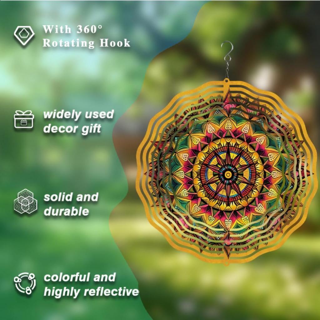 10 Inch Metal Wind Spinner Mandala Flower Design with 360 Swivel Hook for Outdoor Garden Patio Balcony Decor All Season Gift