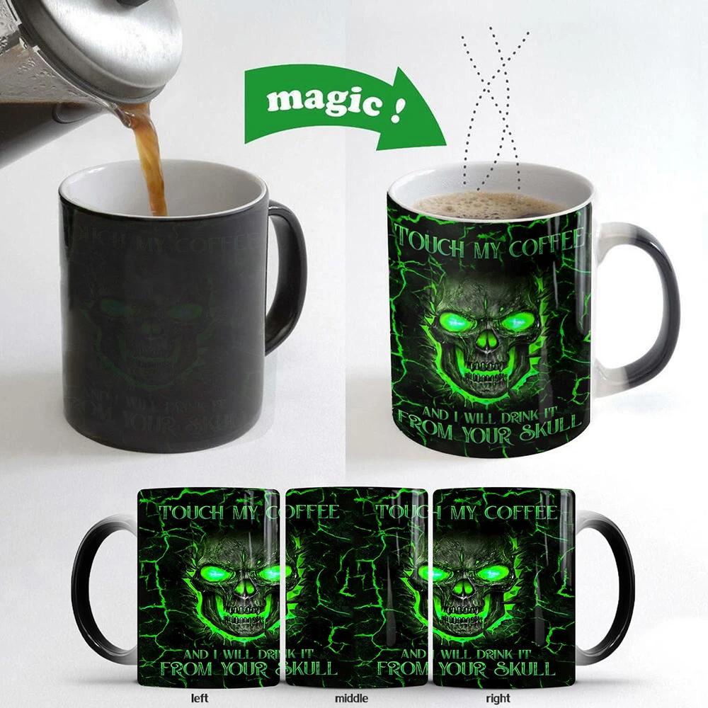 

Цветные меняющие чашки кружка Touch My Coffee Mug 11 унций 3D огненный череп черная керамическая кружка для кофе подарочная кружка на Хэллоуин геймер муж чашка для чая 301-400ml