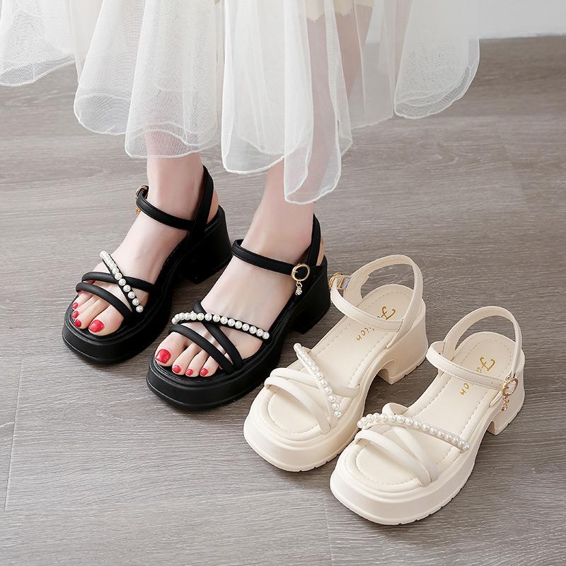 Cool High Heels Women's Summer Skirt Pearl Small Thick Heel Platform Sandals