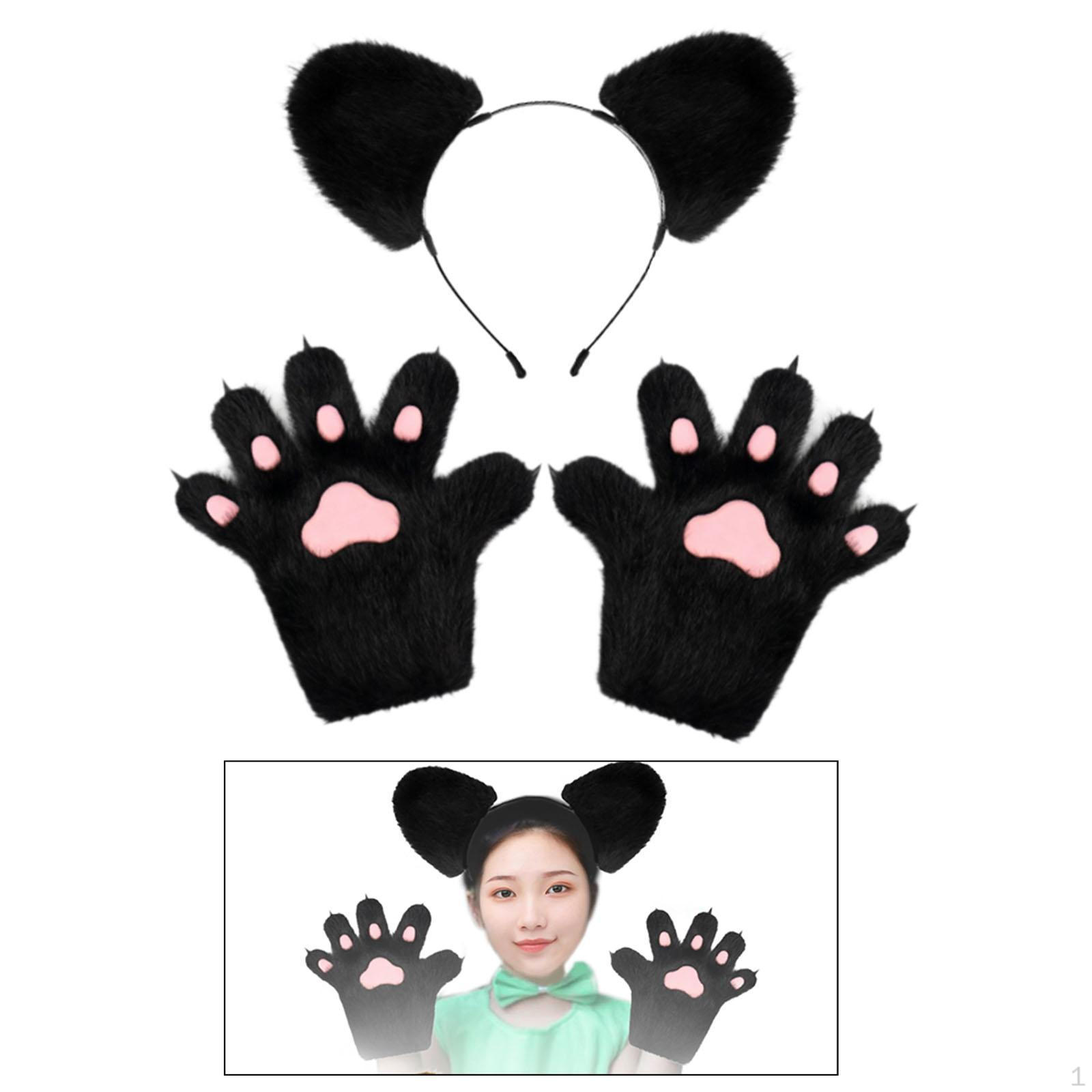 

Повязка на голову и перчатки в виде медвежьих ушек, головной убор в виде животного, плюшевый головной убор для выступлений чёрный