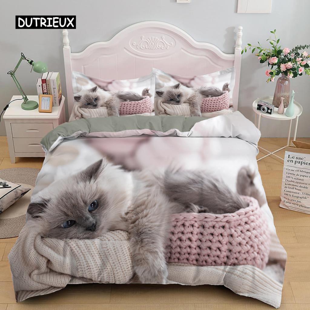 3D Bedding Sets Red Duvet Quilt Cover Set Comforter Bed Linen Pillowcase King Queen 210*210cm Size Pet Cat Design for Kids Girls