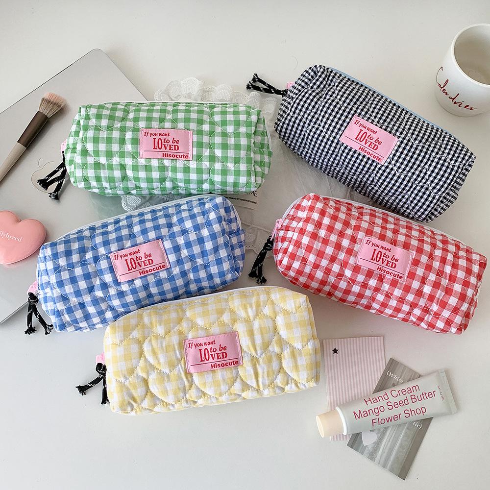 1pcs Quilted Heart Grid Pencil Pouch Korean Style Student Stationery Bag Portable Holder Storage Pouch Girls Bowknot Plaid