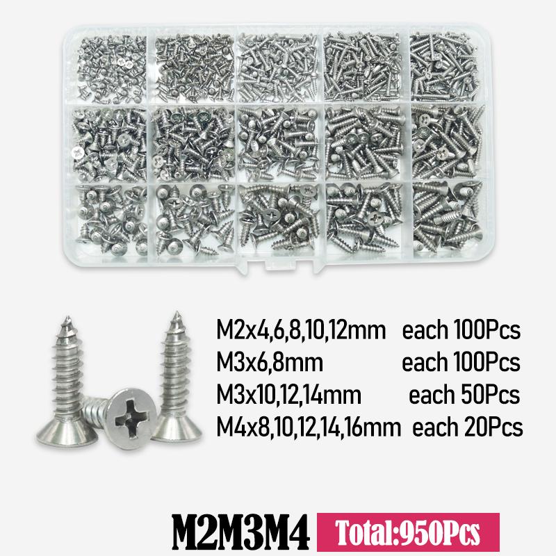 Bis zu 950 Stück A2 304 Edelstahl Selbstschneidende Phillips Schrauben Set M2 M3 M4 Kreuzschlitz Flachkopf Selbstbohrende Holzschrauben DIY