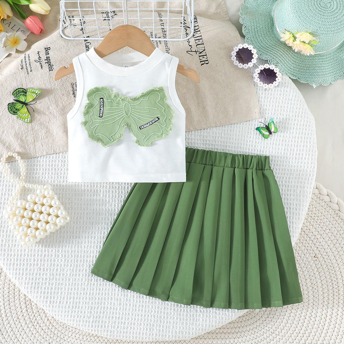 

2PCS Girls Bow Applique Tank Top & Pleated Skirt Set, Sleeveless Casual Outfit 4Y российского зеленого