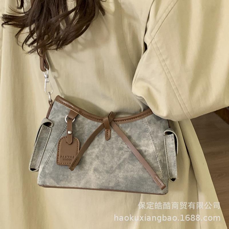 Contrasting Color Hand Bag Women's 2025 New High-end Retro Shoulder Bag To Work Commuter Messenger Bag Bucket Bag