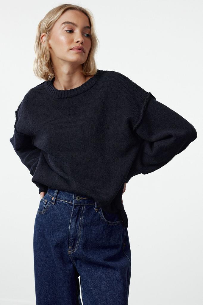 Women's Fashionable Stylish Sweater Navy Blue More Sustainable Wide Fit Basic Knitwear Sweater