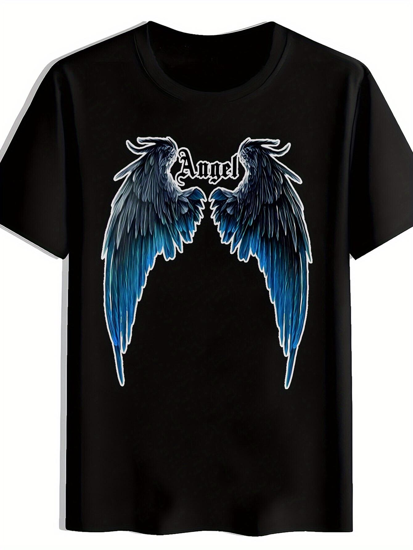 T-shirt Black with Angel Wings & Feather Print - Casual Summer Short Sleeve Tee S