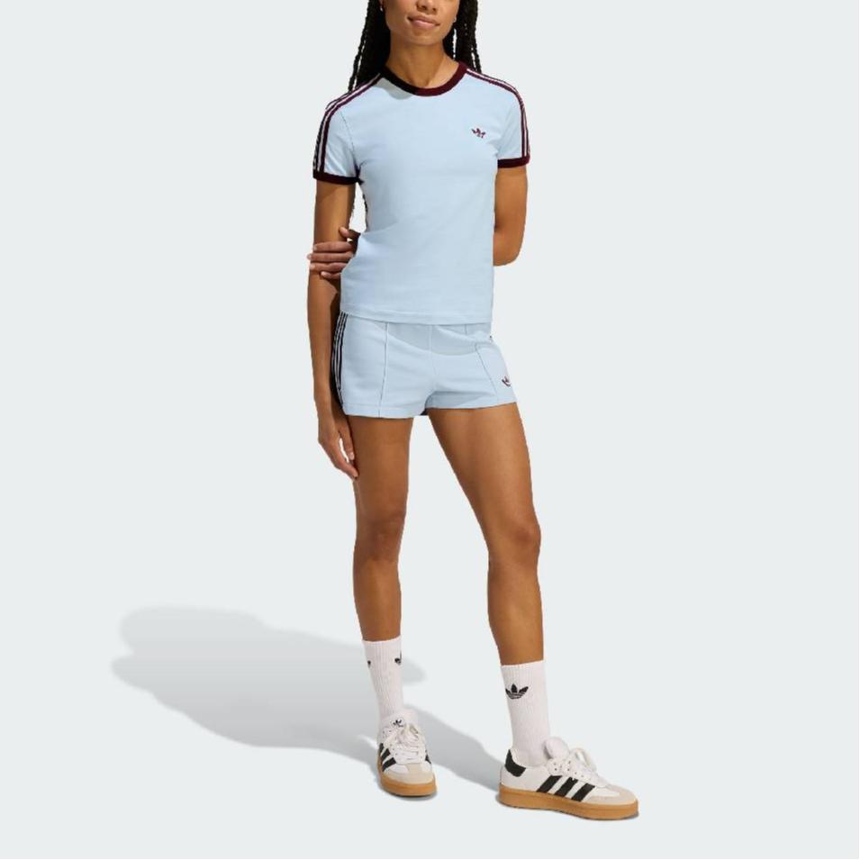 adidas Originals 3 Stripes Slim Fit Women's Short Sleeve T-Shirt Crystal Sky Maroon KD3684