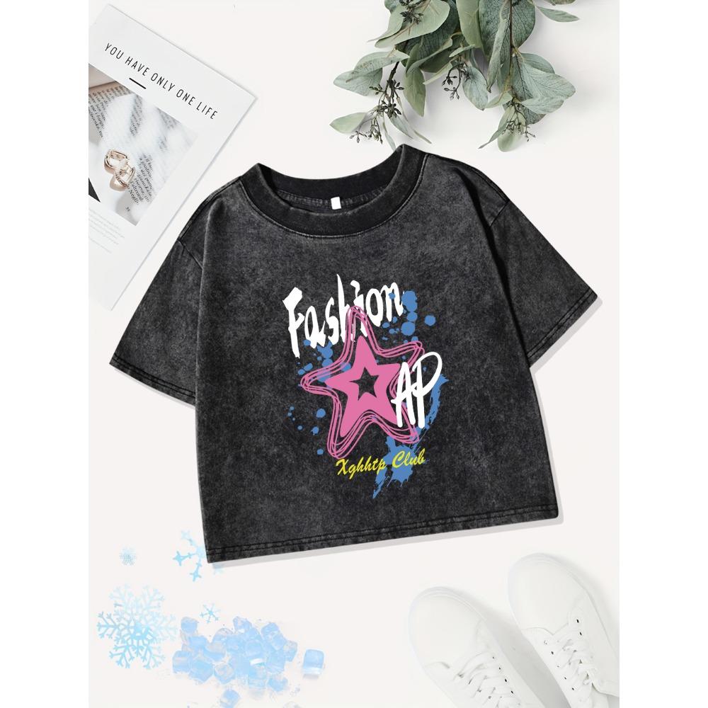 Summer Cotton Crop Tops Womens Graffiti Fashion Pentagram Prints Washed T-Shirt  Fit O-Neck Tees Street Clothes