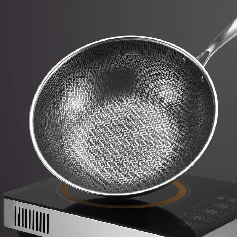 430 Stainless Steel Wok Skillet Thick Honeycomb Handmade Frying Pan Non-Stick Non Rusting Gas/Induction Cooker kitchen cook