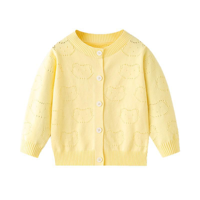 2026 Girls' Baby Bear Hollow Knit Cotton Cardigan: Spring/Summer, Lightweight, Long Sleeve, Airy Knit