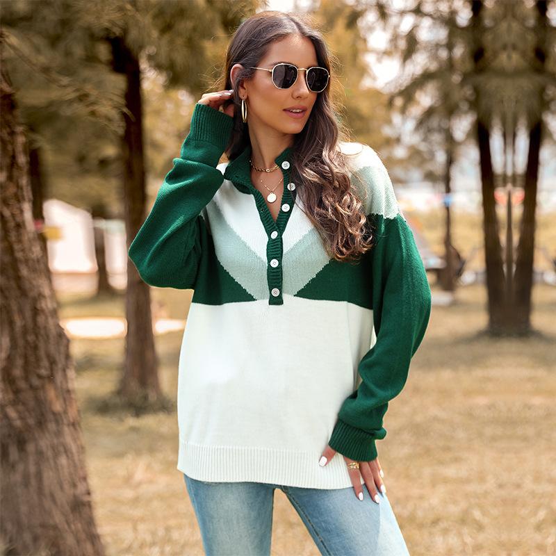 

Весенне-осенний женский свитер, модный вязаный свитер с цветными блоками, половина свитера с высоким воротом и длинными рукавами L зелёный