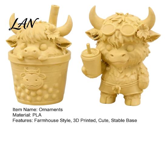Miniature Display Cabinet Decor 2Pcs Cute Highland Cow Figurine, 3D Printed Bubble Tea Statues, Cartoon Animal Sculpture Summer Farmhouse Style